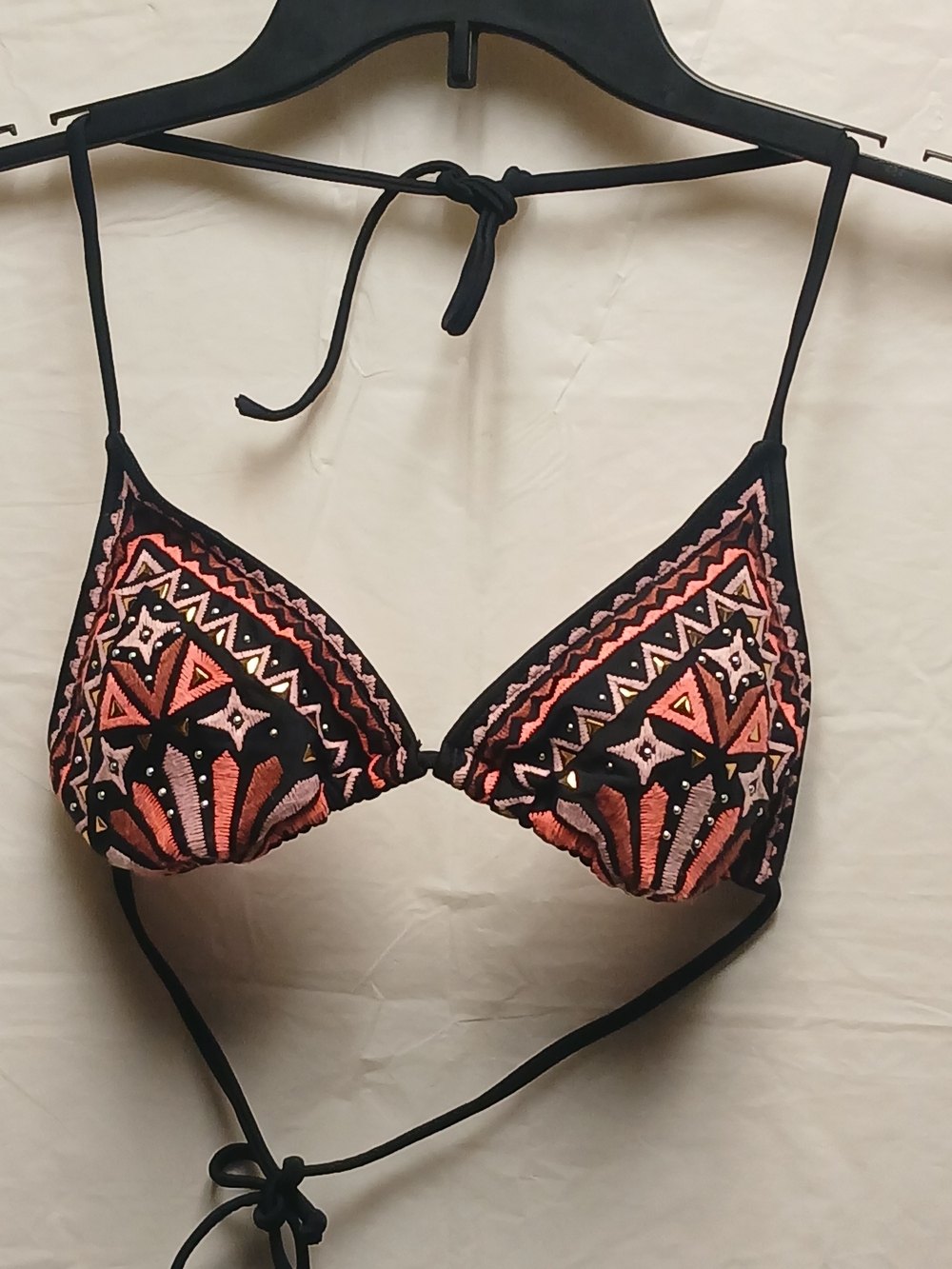 Xhilaration Embroidered Triangle Bikini Top in Black and Coral
